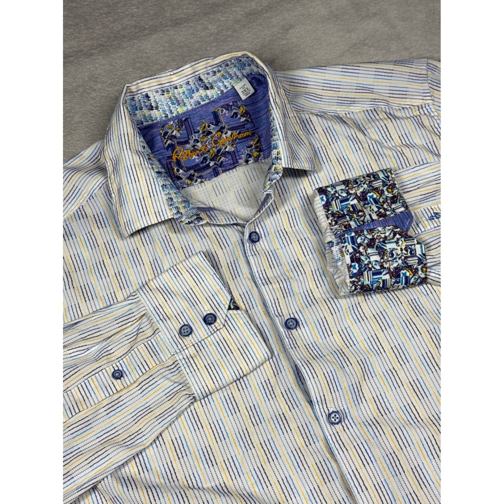 Robert Graham Button Down Mens 2XL White Blue Stripe Classic Fit Long Sleeve